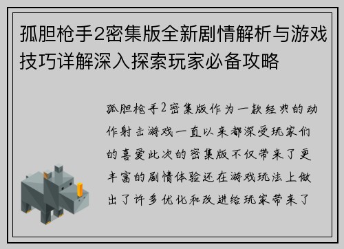 孤胆枪手2密集版全新剧情解析与游戏技巧详解深入探索玩家必备攻略